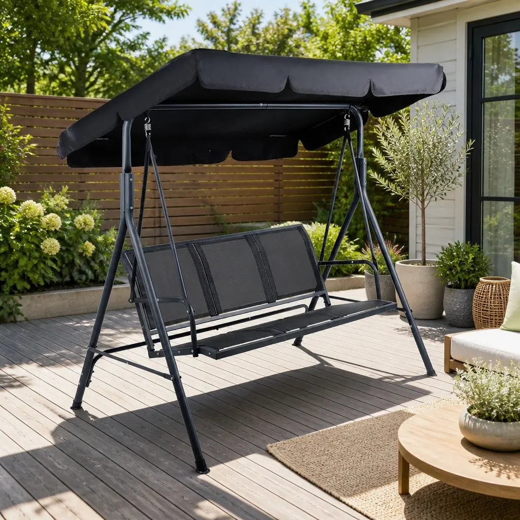 Black Three-Seater Swing Chair with Canopy