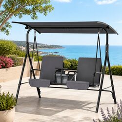 2 Seater Outdoor Swing Chair with Canopy Adjustable Garden Lounger Cup Holder