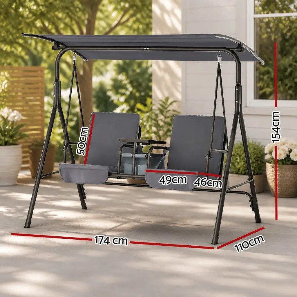 2 Seater Outdoor Swing Chair for Garden and Patio Adjustable Canopy Grey