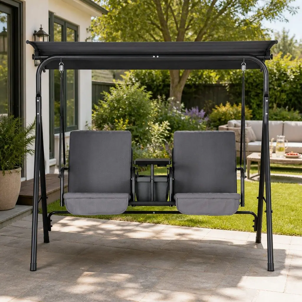 2 Seater Outdoor Swing Chair for Garden and Patio Adjustable Canopy Grey