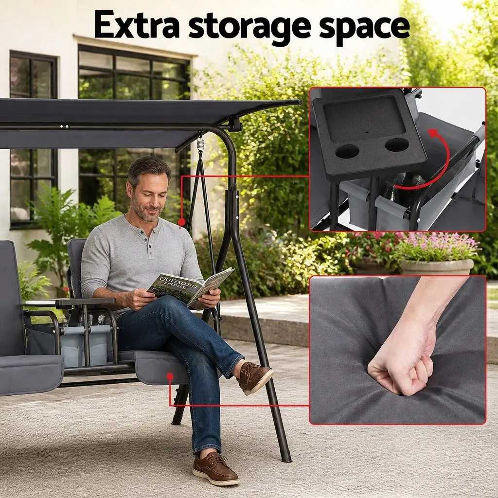 2 Seater Outdoor Swing Chair for Garden and Patio Adjustable Canopy Grey