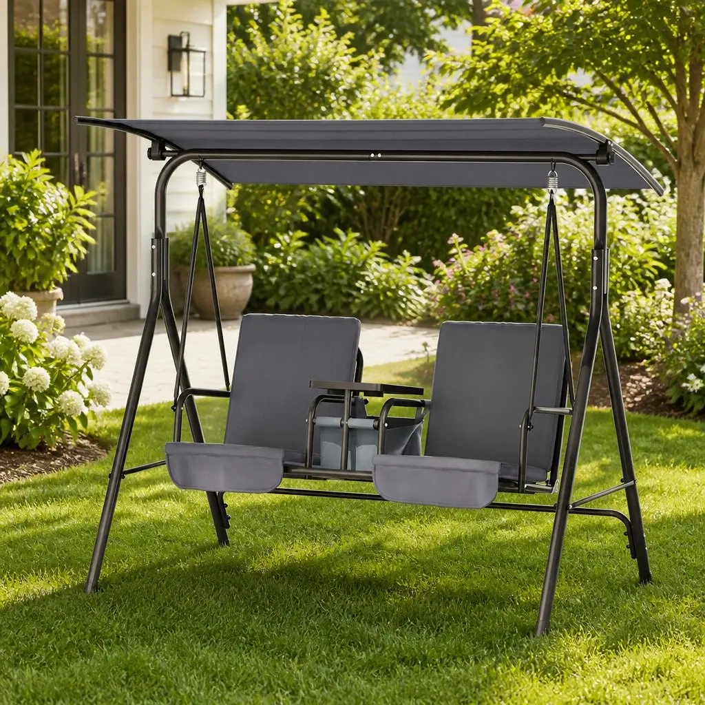 2 Seater Outdoor Swing Chair for Garden and Patio Adjustable Canopy Grey