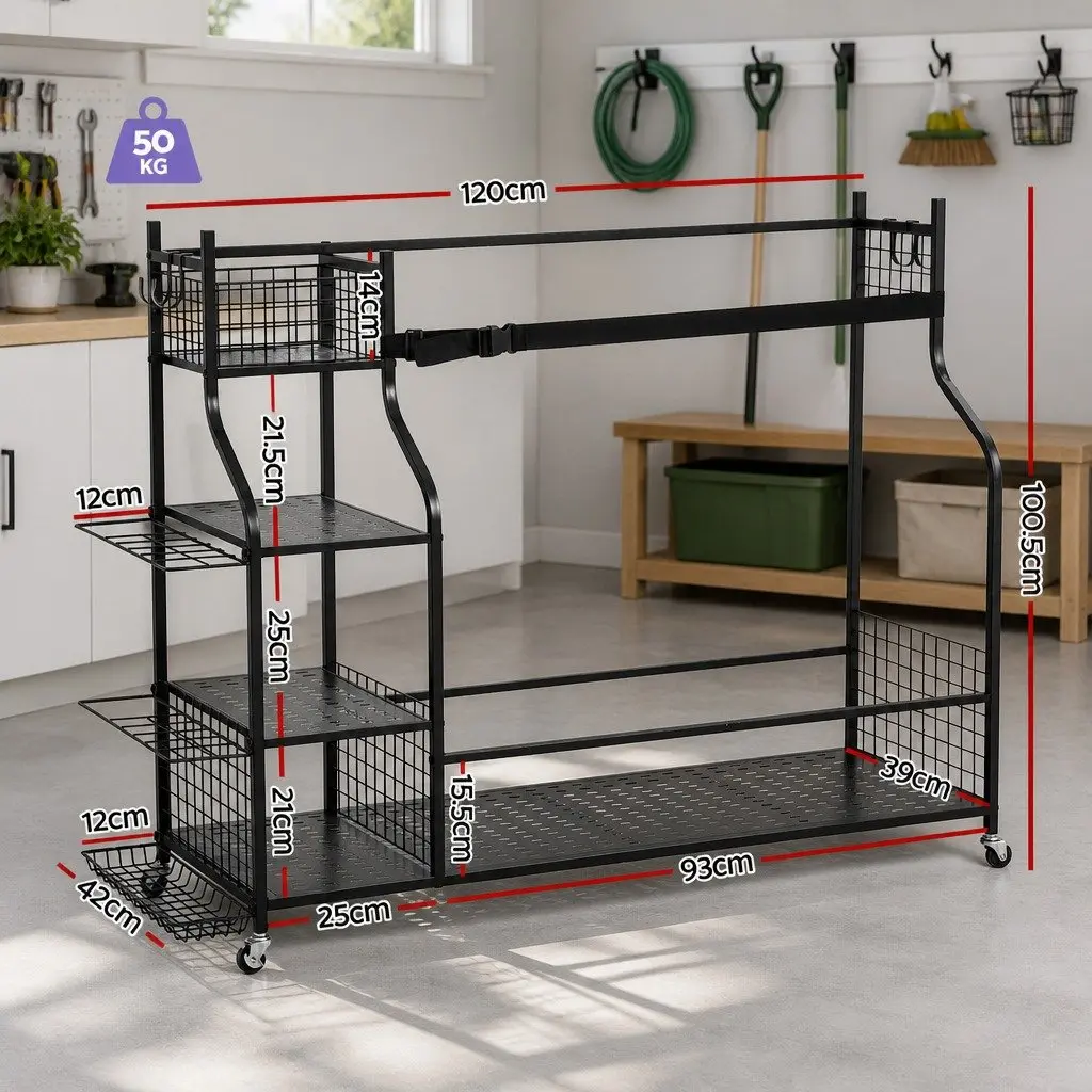 Golf 3 Bag Storage Organizer Garage Rack with Wheels Shelves Club Display Stand