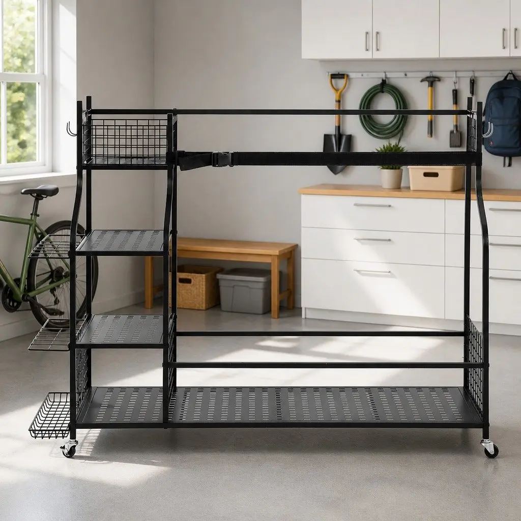 Golf 3 Bag Storage Organizer Garage Rack with Wheels Shelves Club Display Stand