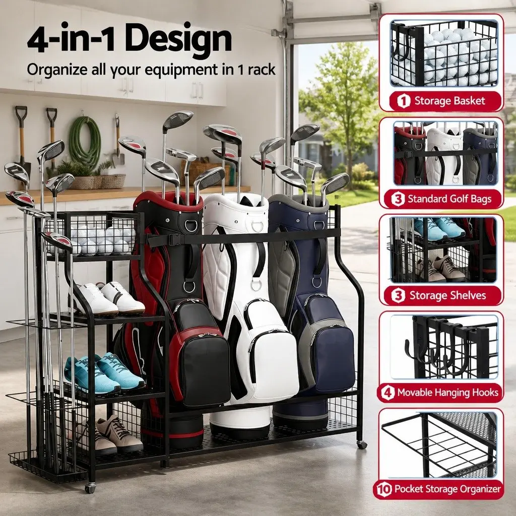 Golf 3 Bag Storage Organizer Garage Rack with Wheels Shelves Club Display Stand
