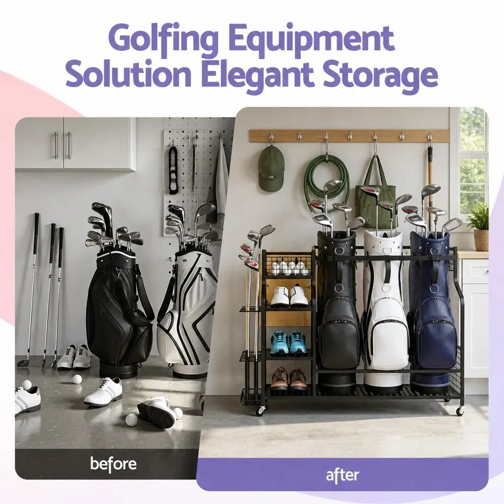 Golf 3 Bag Storage Organizer Garage Rack with Wheels Shelves Club Display Stand