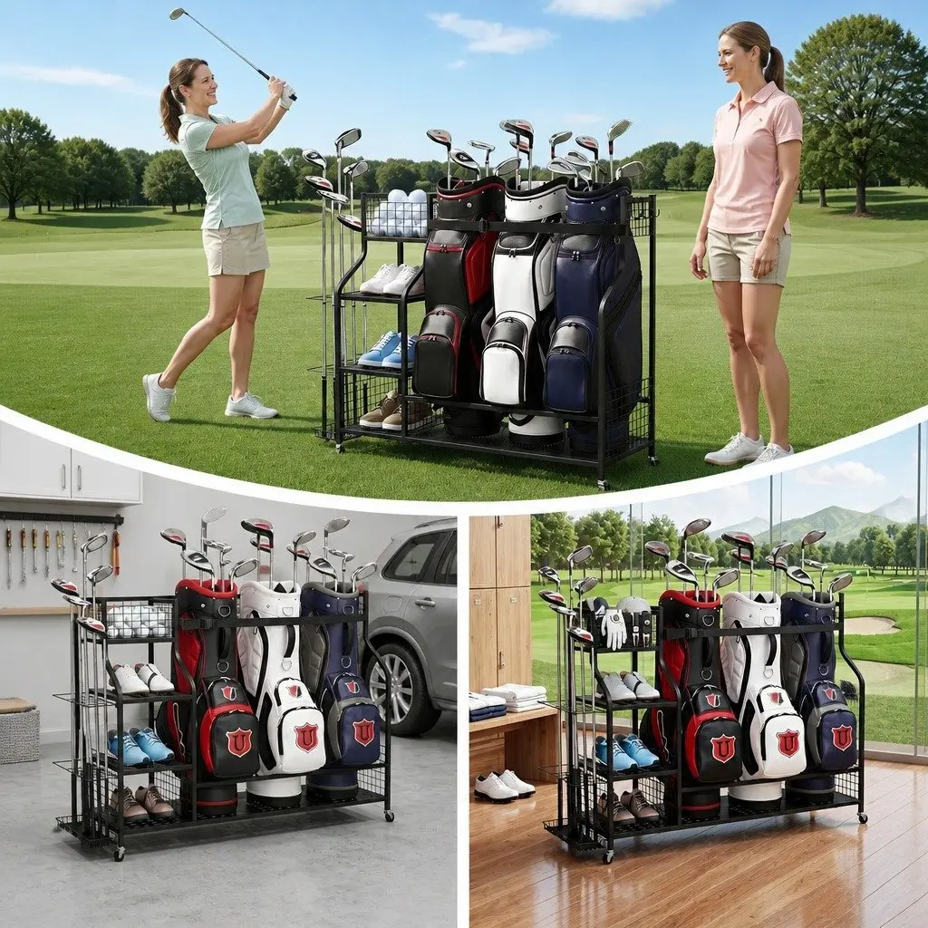 Golf 3 Bag Storage Organizer Garage Rack with Wheels Shelves Club Display Stand