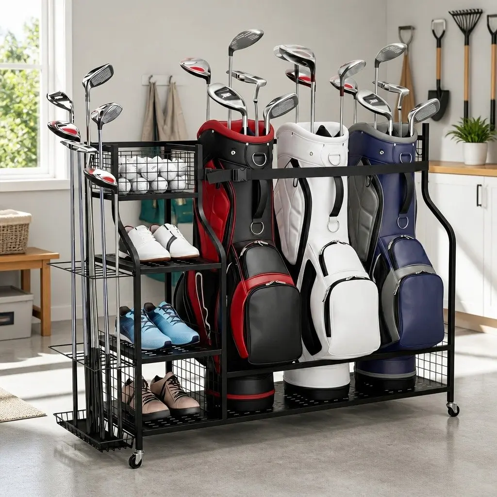 Golf 3 Bag Storage Organizer Garage Rack with Wheels Shelves Club Display Stand