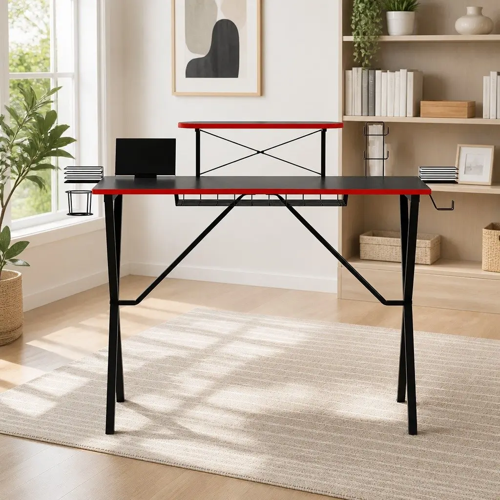 Gaming Desk Computer Workstation 105CM Black Two-Tier Storage Headphone Hook Cup