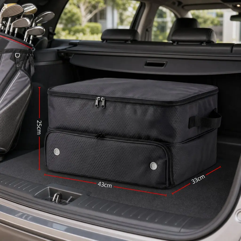 Golf Trunk Organizer Car Storage Bag 2-Tier Ventilated Shoe Compartment Black
