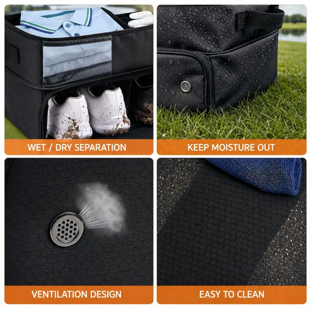 Golf Trunk Organizer Car Storage Bag 2-Tier Ventilated Shoe Compartment Black