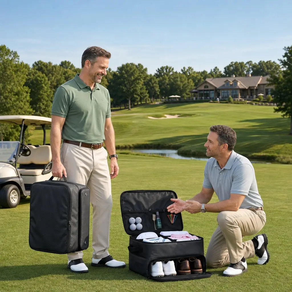 Golf Trunk Organizer Car Storage Bag 2-Tier Ventilated Shoe Compartment Black