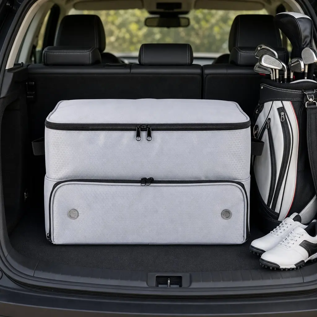Golf Trunk Organizer Car Storage Bag 2-Tier Ventilated Shoe Compartment Grey