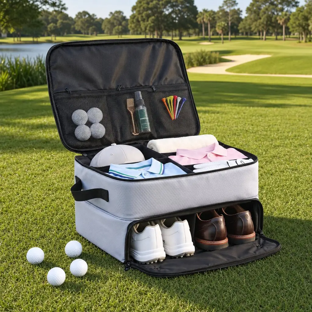 Golf Trunk Organizer Car Storage Bag 2-Tier Ventilated Shoe Compartment Grey