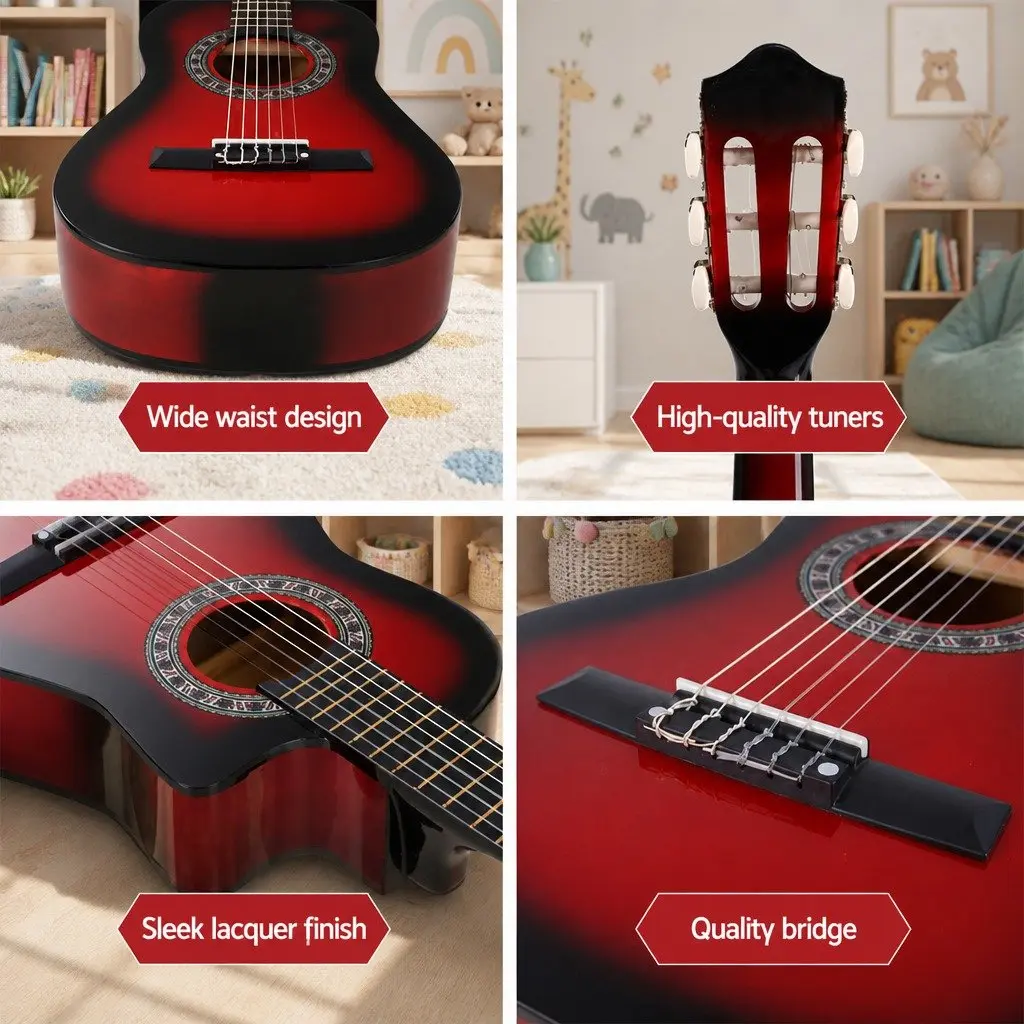 34 Inch Classical Guitar Wooden Body Nylon String Beginner Red with Stand Picks