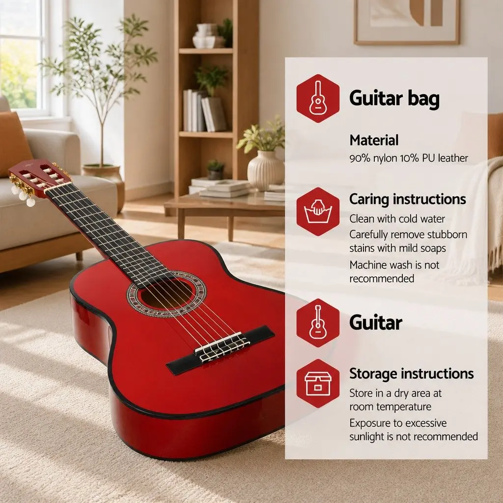 Classical Guitar Auditorium 34 Inch Nylon String Wooden Body for Kids Red