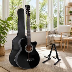 38 Inch Acoustic Cutaway Guitar Steel String Full Size Black Wooden Body With