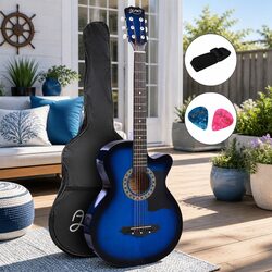 38 Inch Acoustic Cutaway Guitar Steel String Blue Wooden Body Beginners Music