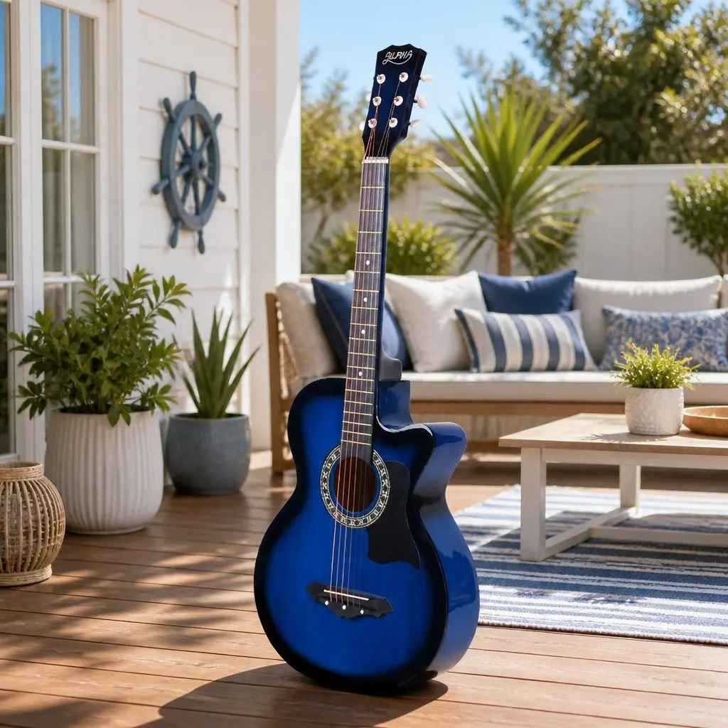 38 Inch Acoustic Cutaway Guitar Steel String Blue Wooden Body Beginners Music