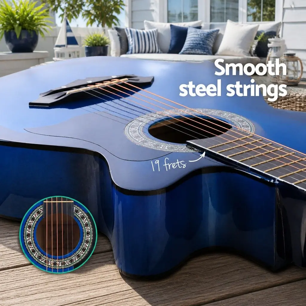 38 Inch Acoustic Cutaway Guitar Steel String Blue Wooden Body Beginners Music