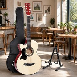 38 Inch Acoustic Guitar Left Handed Steel String Wooden Body with Stand Carry