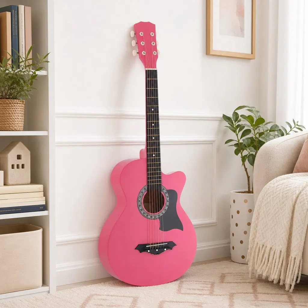 38 Inch Acoustic Guitar Right Handed Cutaway Folk Classical Pink