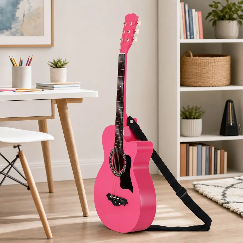 38 Inch Acoustic Guitar Right Handed Cutaway Folk Classical Pink