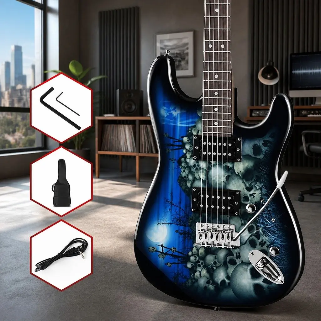 41 Inch Electric Guitar Strat-Style Humbucker Pickup Switch Full Size Blue Skull