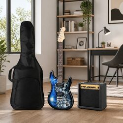Electric Guitar 20W Amplifier Combo Set Blue Beginner Music Instrument Kit
