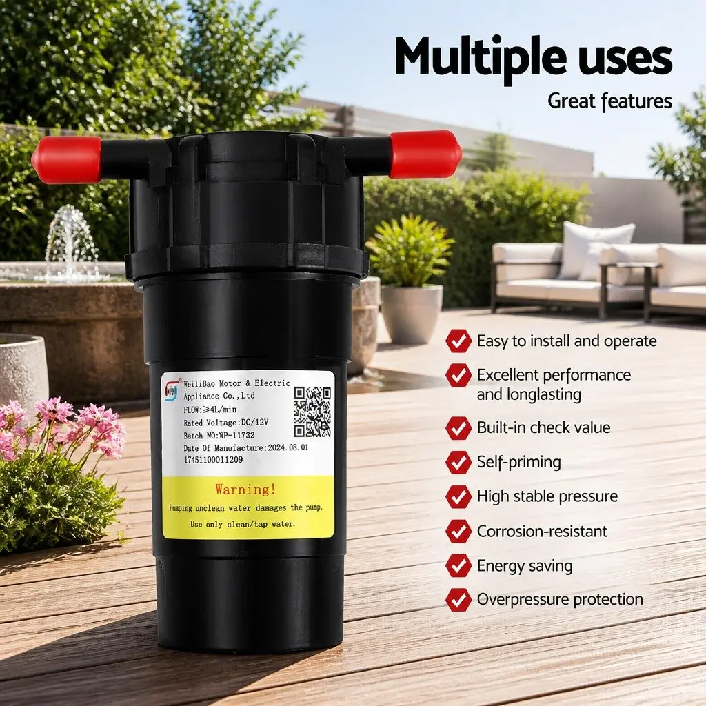 Water Pump 12V Pressure Shower 4L/Min Flow Rate Diaphragm Camping Caravan