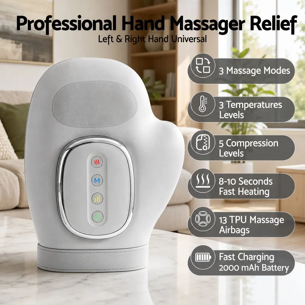 Hand Massager with Heat Compression Air Massage 5 Intensity Levels 3 Modes