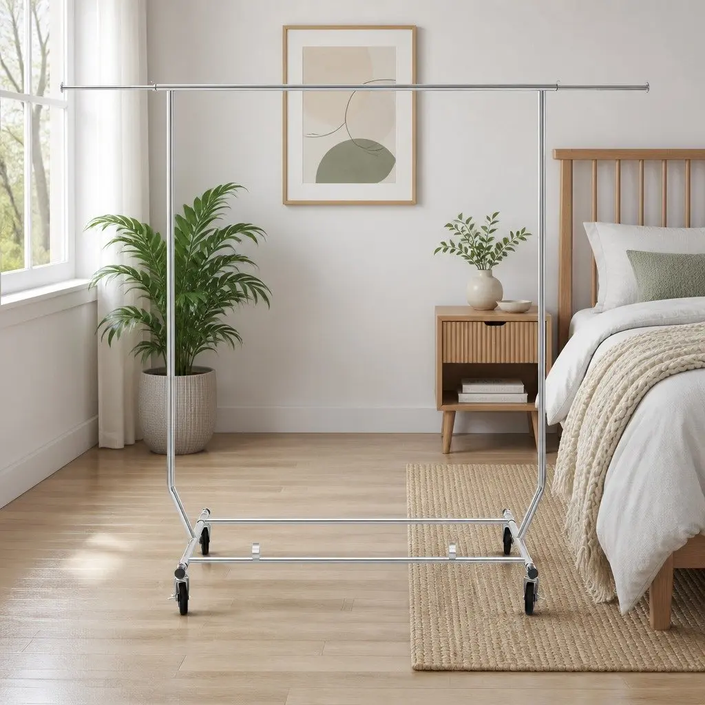 Adjustable Clothes Rack Garment Stand Hanger Rail Collapsible Metal Storage