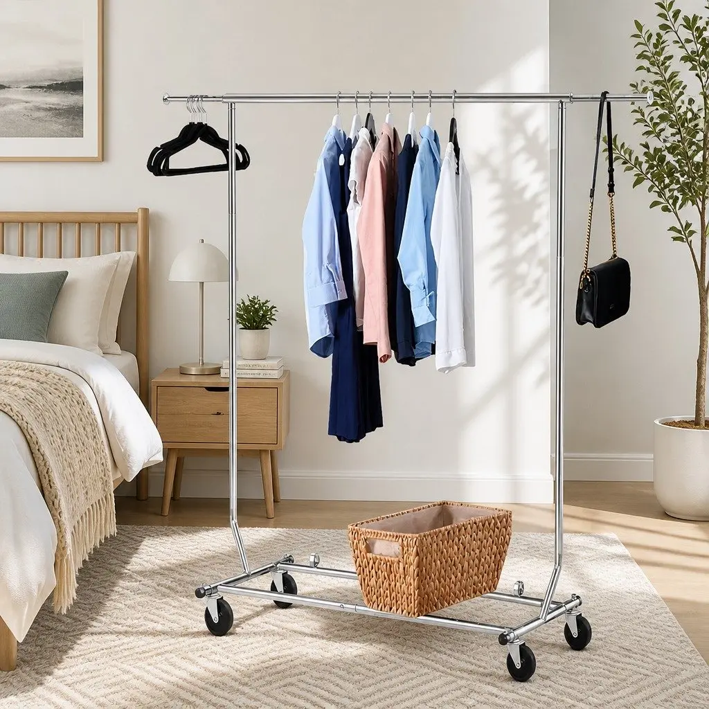 Adjustable Clothes Rack Garment Stand Hanger Rail Collapsible Metal Storage