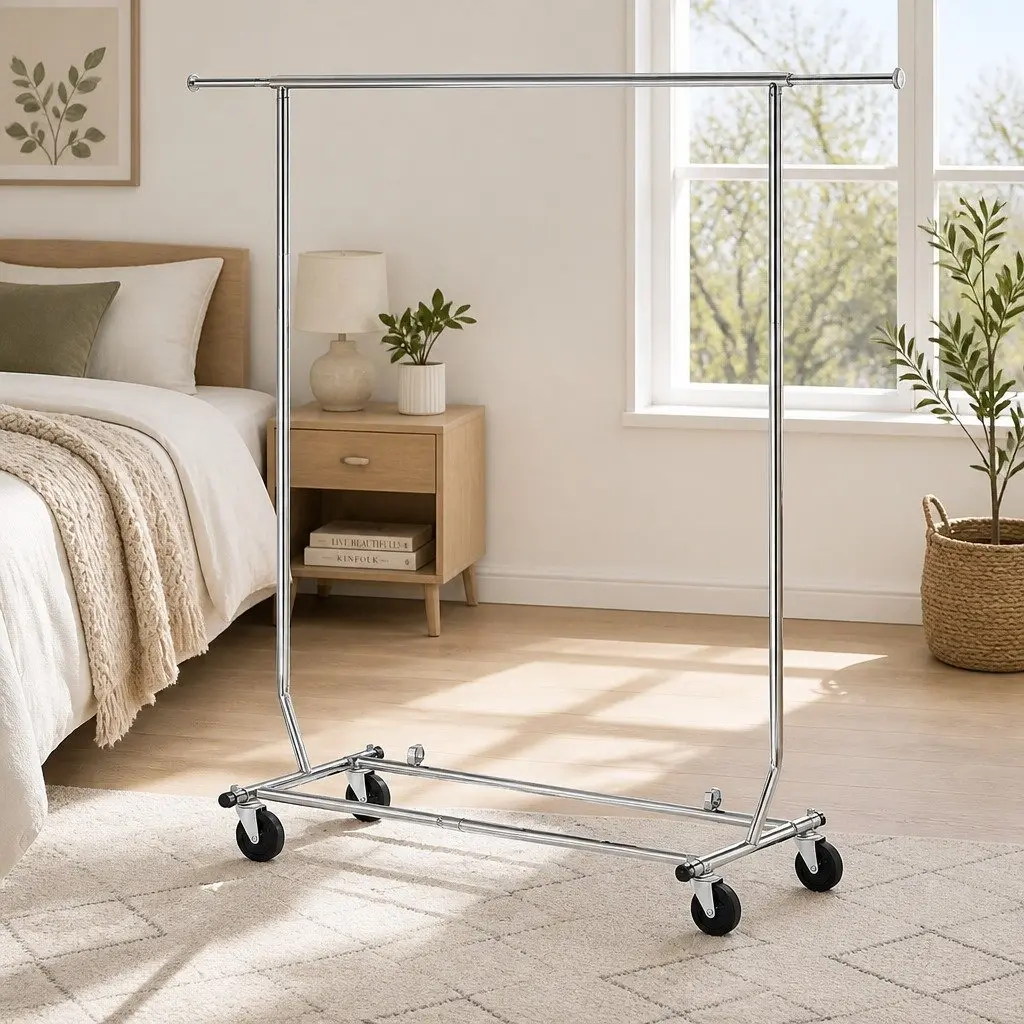 Adjustable Clothes Rack Garment Stand Hanger Rail Collapsible Metal Storage