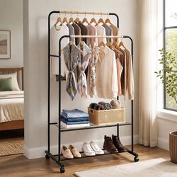 Double Rod Clothes Rack Metal Garment Stand with Storage Shelves Swivel Casters