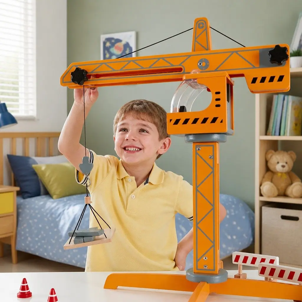 10-Piece Wooden Crane Lift Playset with Working Winch