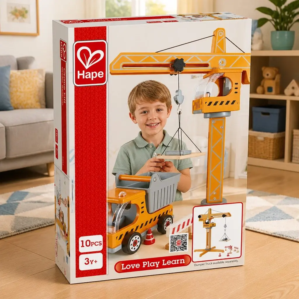 10-Piece Wooden Crane Lift Playset with Working Winch