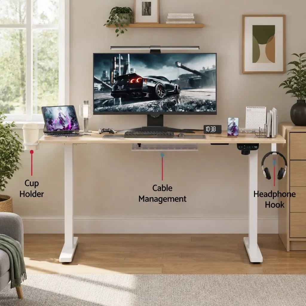 Electric Sit Stand Desk Touch Control Height Adjustable Workstation Oak 140CM