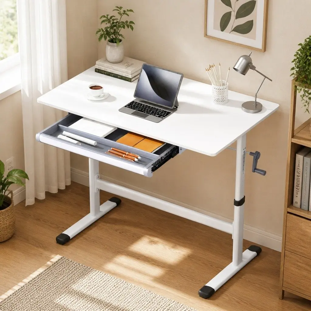 Height Adjustable 100CM White Computer Study Table