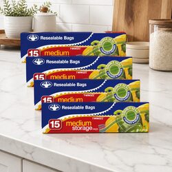 Medium Storage Bags 15 Pack x5 - Clear Resealable for Food Safety