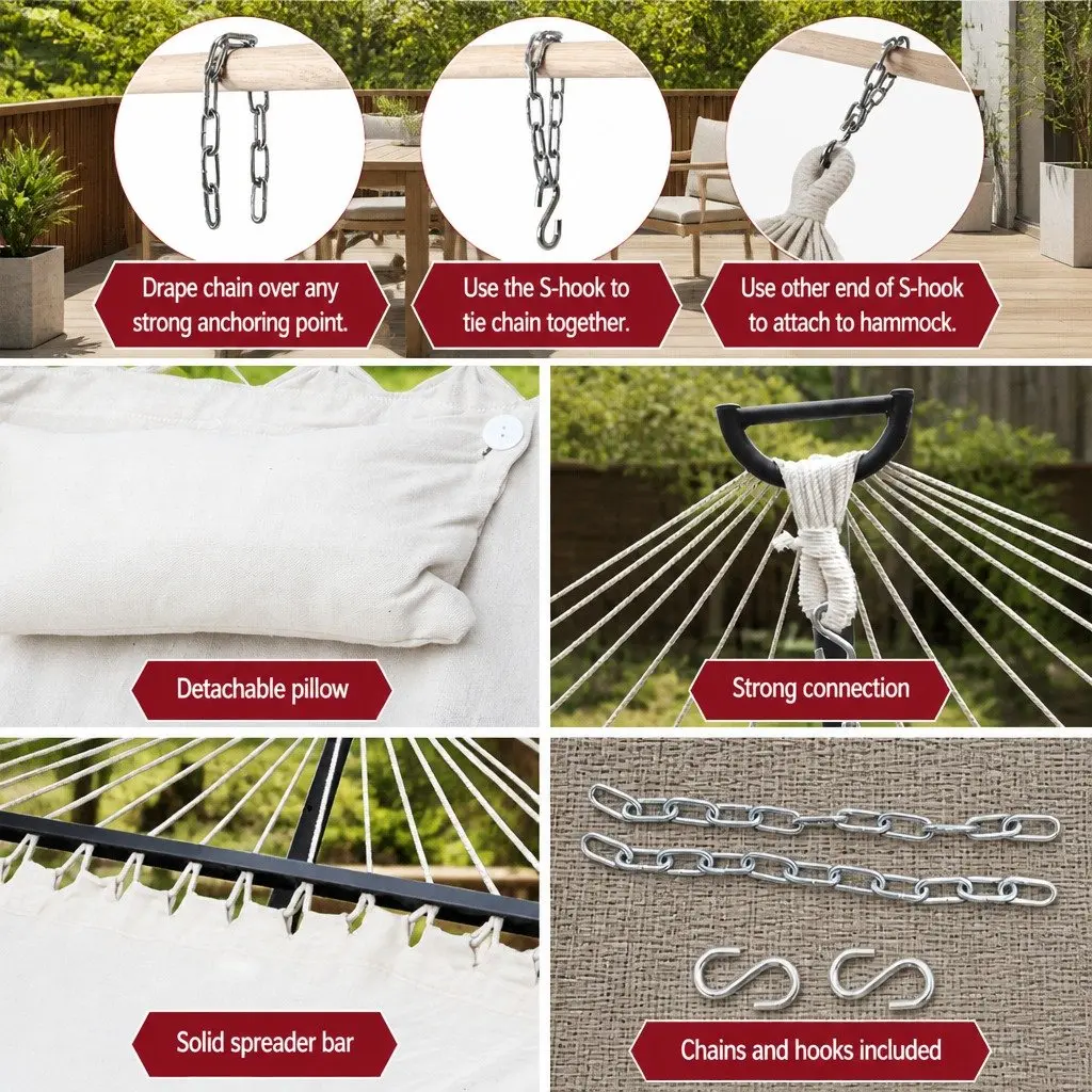 2 Person Hammock Bed Outdoor Camping Portable Hanging Chair Cream