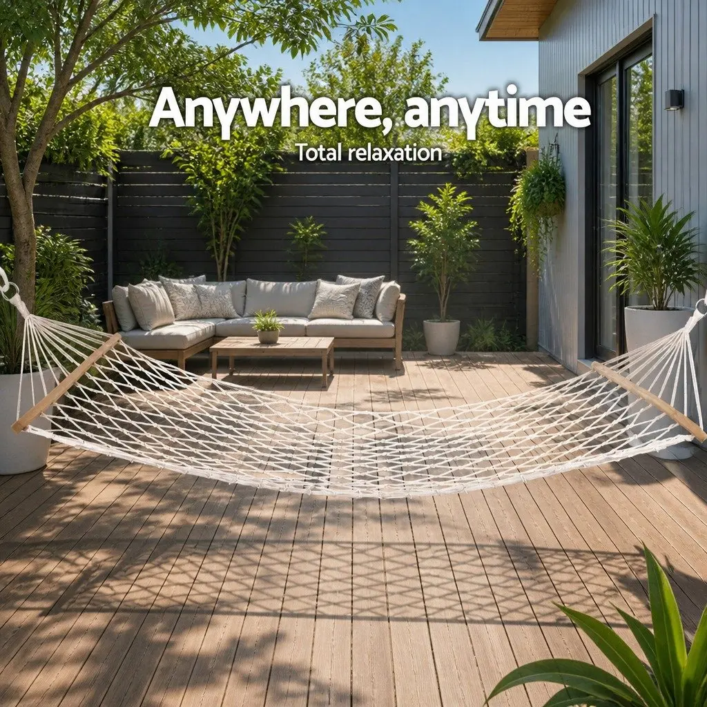 Hammock Bed Outdoor Indoor Camping Hanging Chair Mesh Cotton Rope Cream Relax