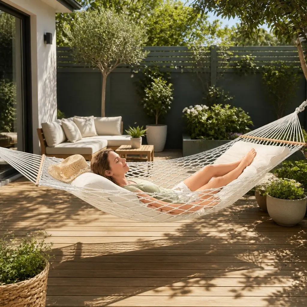 Hammock Bed Outdoor Indoor Camping Hanging Chair Mesh Cotton Rope Cream Relax