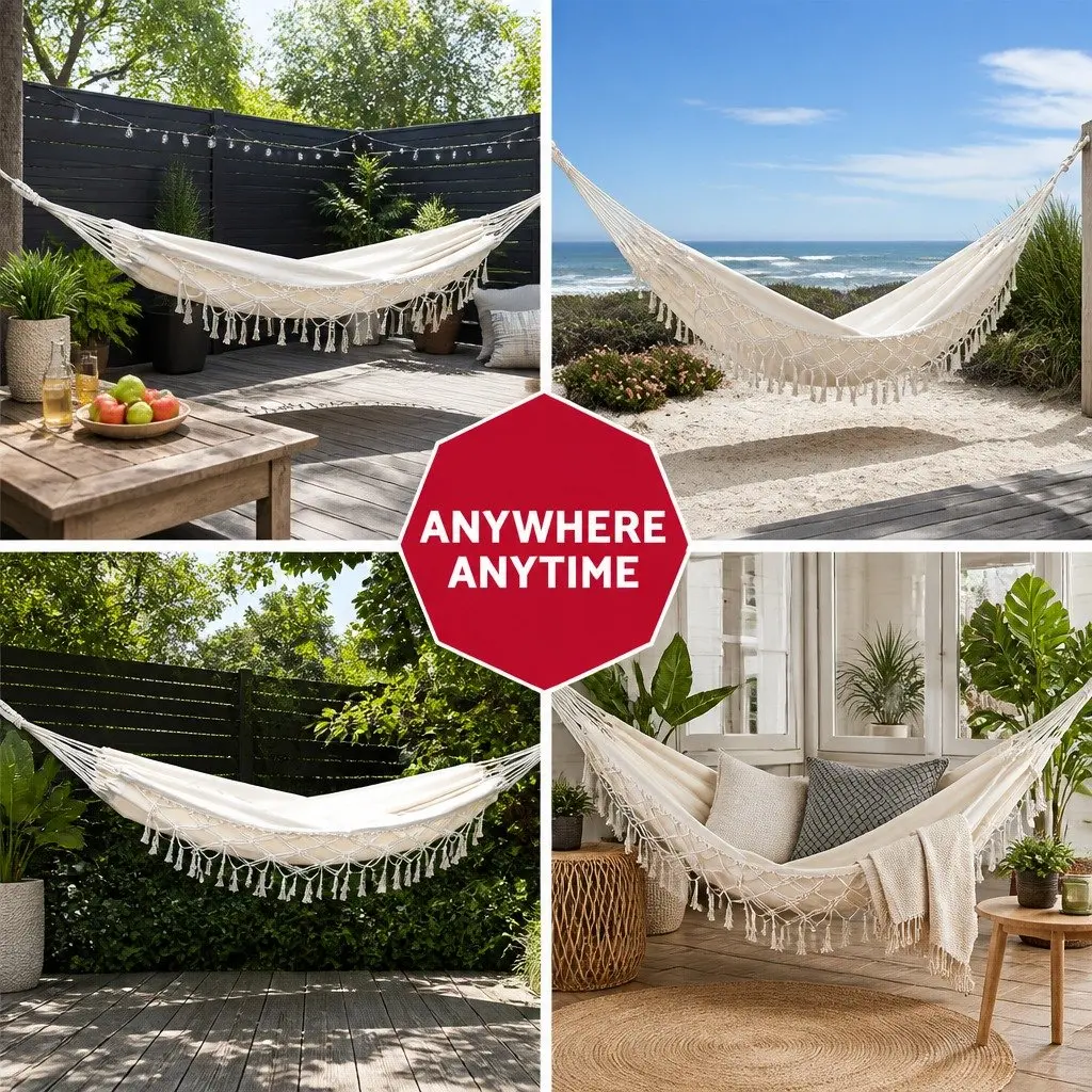 Hammock Bed Swing Chair Indoor Outdoor 200cm x 150cm Cream