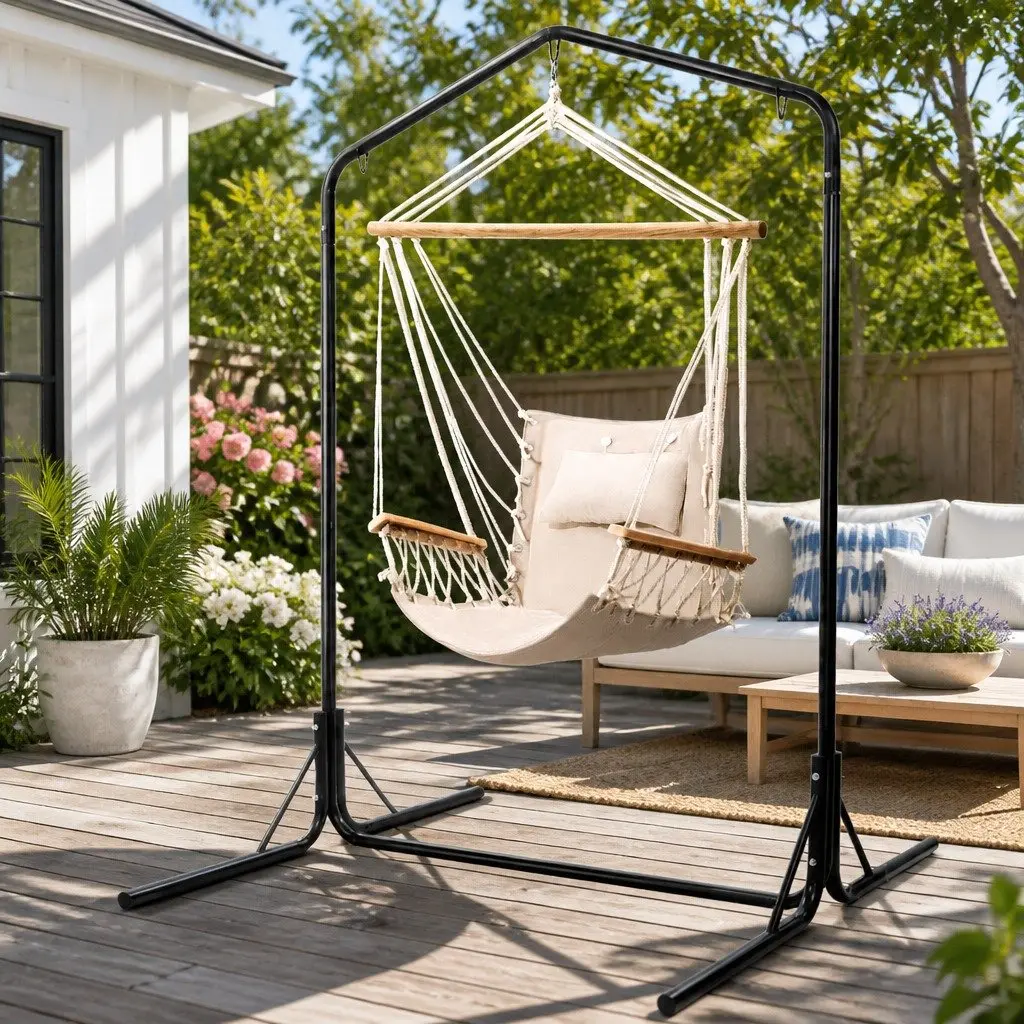 Hammock Chair with Stand for Garden Patio Cream 100cm x 60cm x 138cm
