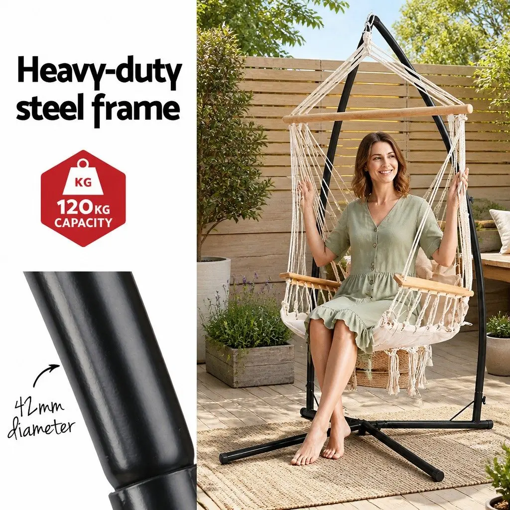 Hammock Chair Indoor Outdoor with Steel Stand and Armrest Cream 100cm x 60cm x 138cm