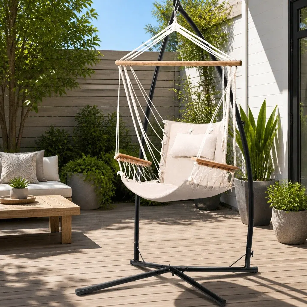 Hammock Chair Indoor Outdoor with Steel Stand and Armrest Cream 100cm x 60cm x 138cm