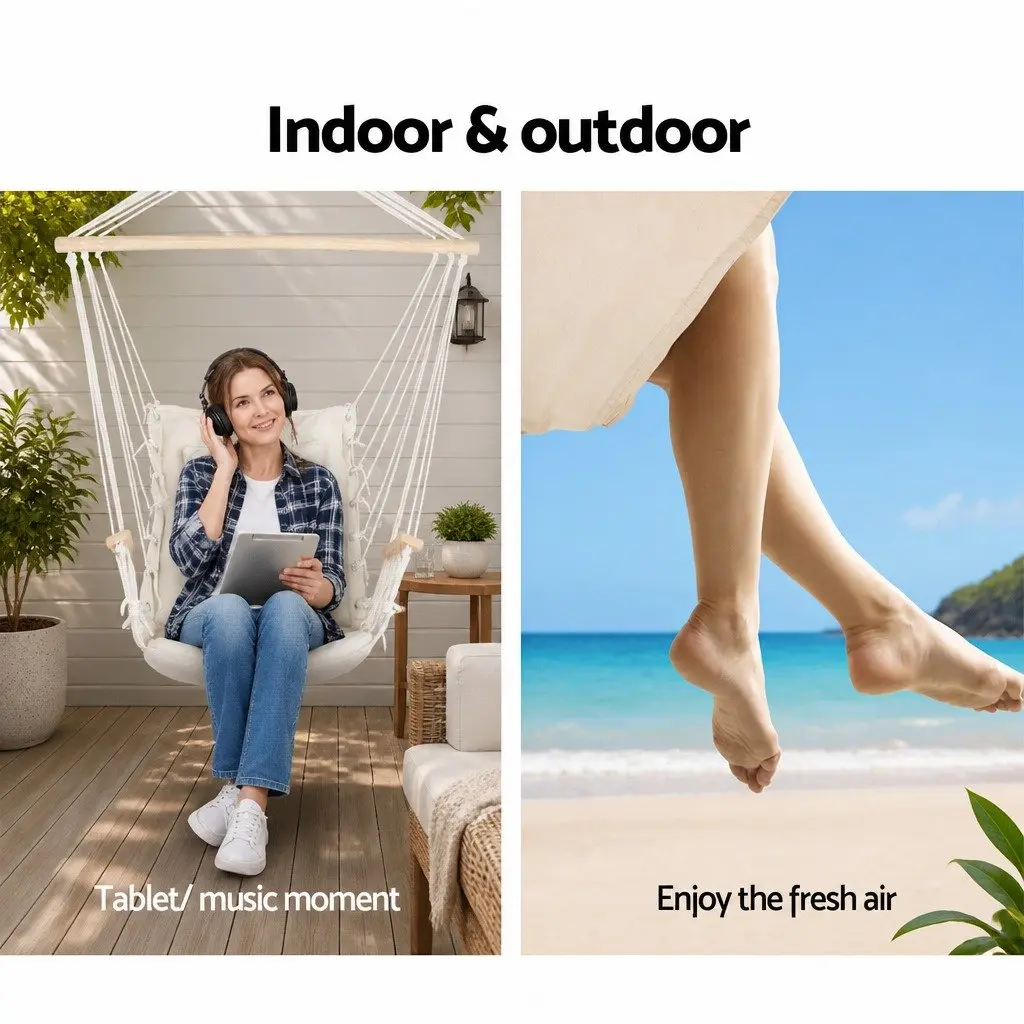 Hammock Chair Hanging with Armrest Cream Relaxing Outdoor Indoor Camping Patio