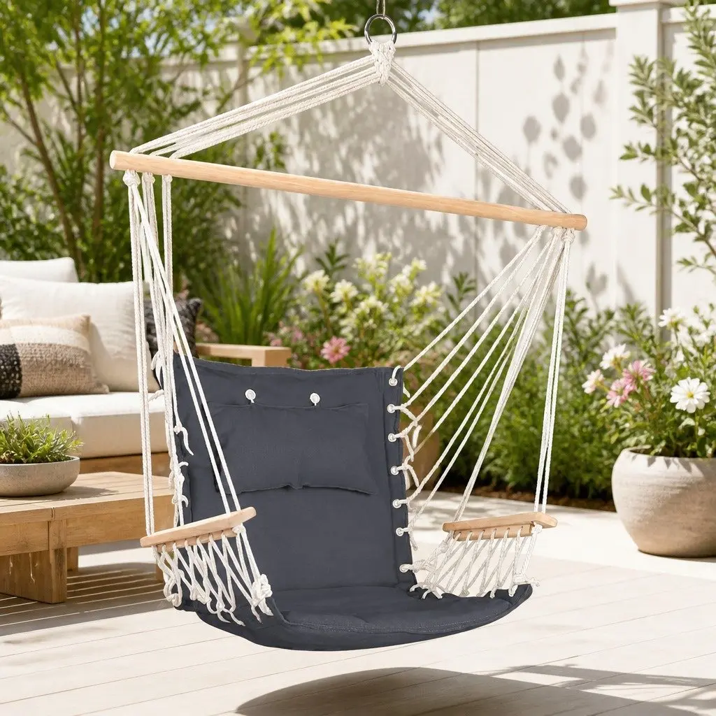 Hammock Chair with Armrest for Outdoor Patio Garden 100 x 60 x 138cm Grey