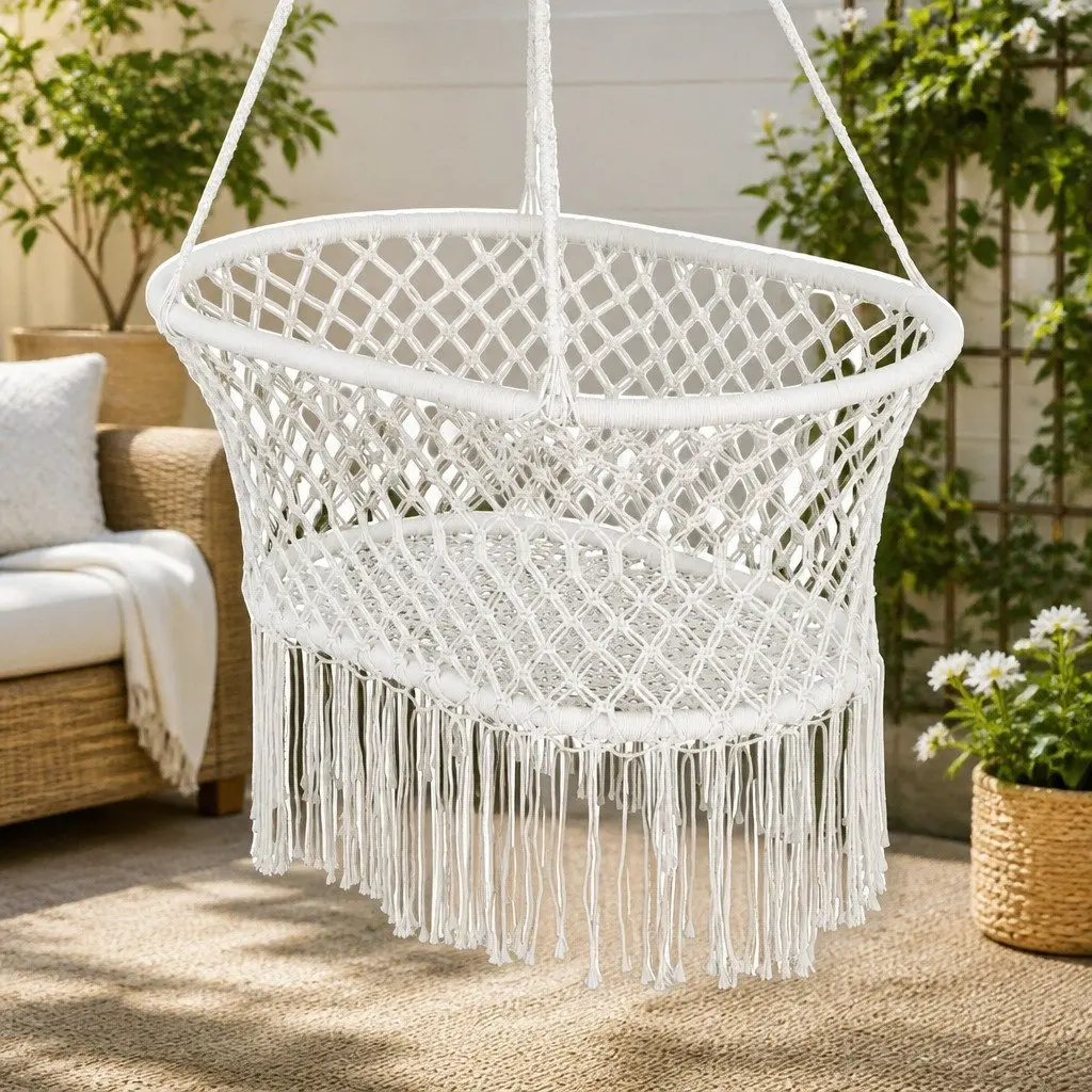 Hammock Chair Cotton Swing Outdoor Indoor Cream Relaxation Garden Furniture
